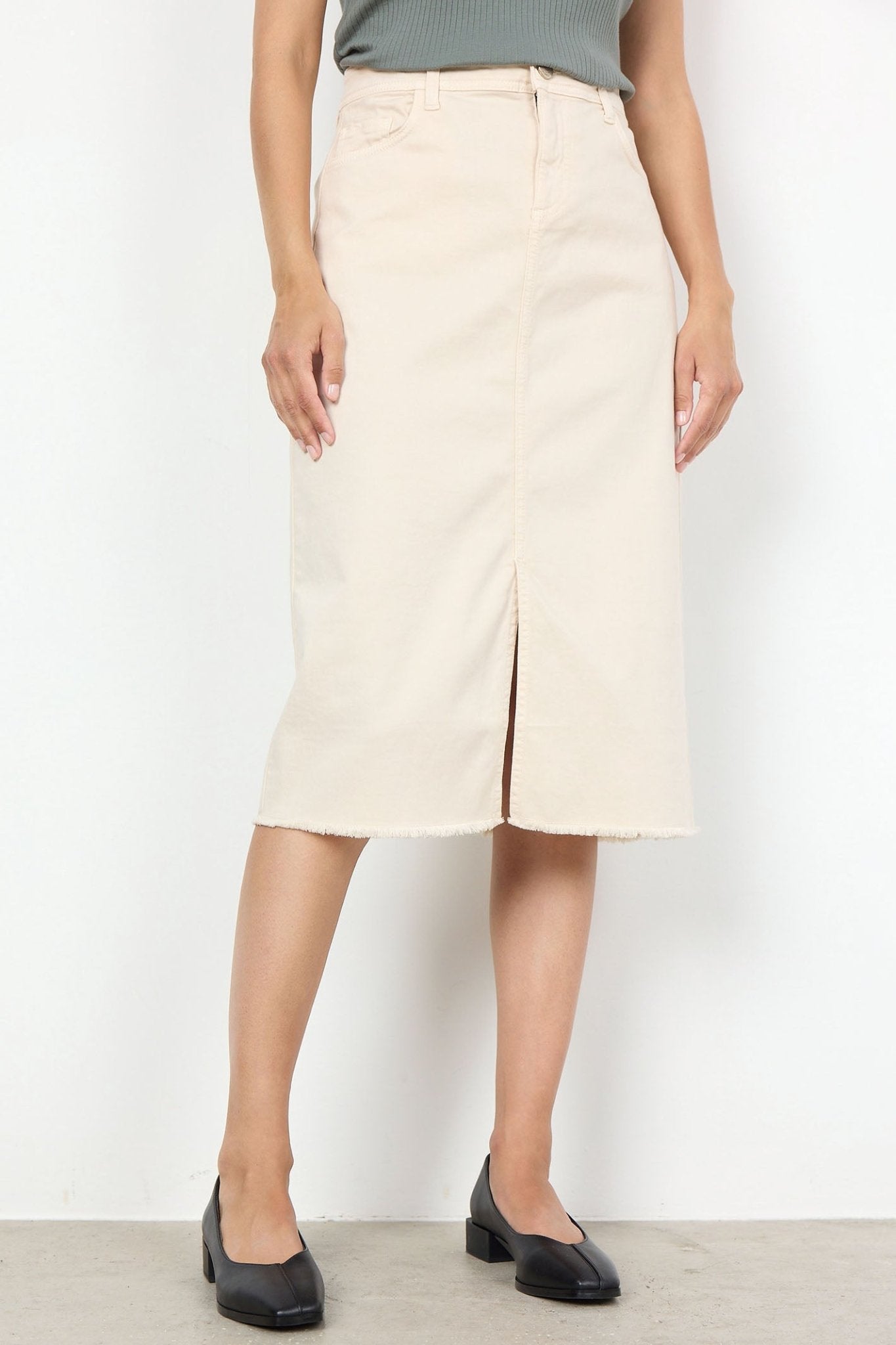 Soya Concept 40570-20 1620-10 SC-Erna 22 Beige Denim Frayed Hem Skirt - Dotique