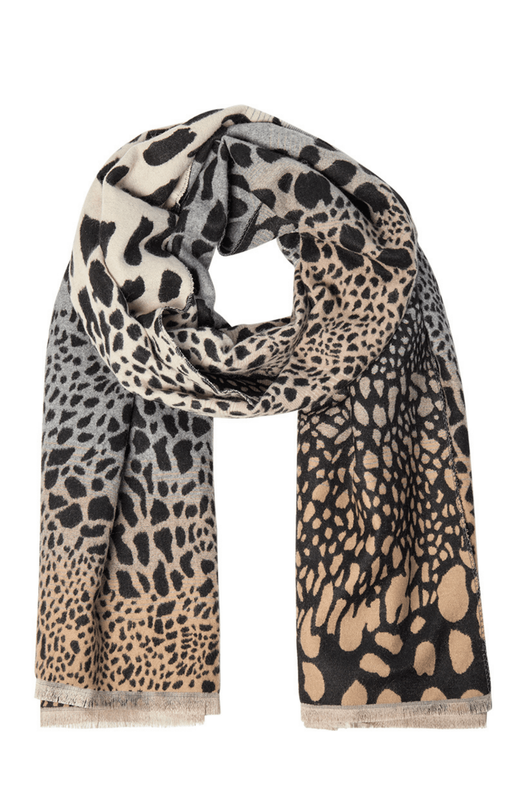 SC-VOISA 1 scarf is crafted from a blend of 60% polyester and 40% viscose. It features an eye-catching animal print with a soft texture and delicate fringe edges. Available at Dotique