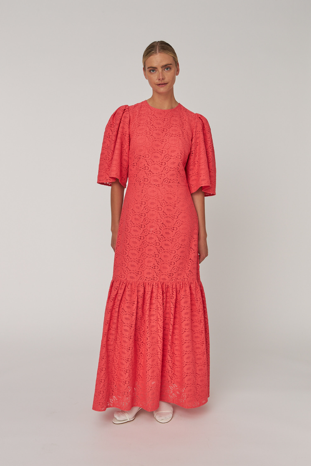 Front view of Stella Nova Cotton Lace Maxi Dress CL61-4417 in coral with puff sleeves by Stella Nova shop at Dotique
