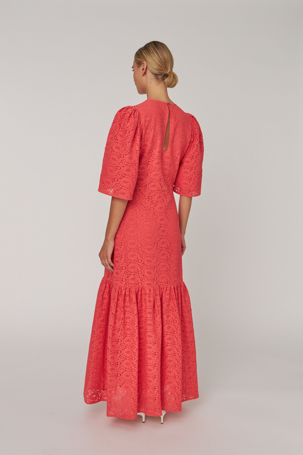 Rear view of Stella Nova Cotton Lace Maxi Dress CL61-4417 in coral with puff sleeves by Stella Nova shop at Dotique