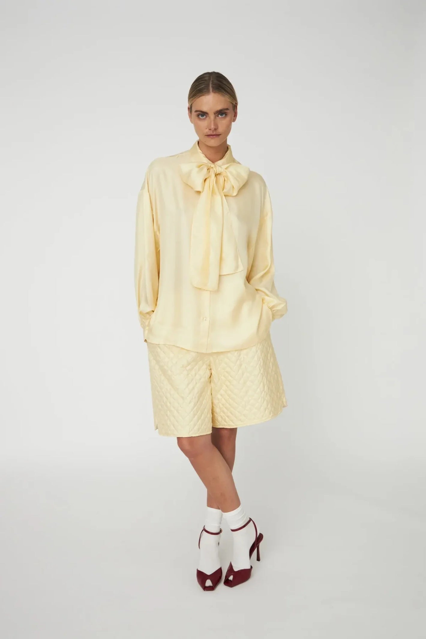 Stella Nova Oversized Silk Shirt with Bow TS61-2419 front view gallery position 1 Shop Stella Nova at Dotique