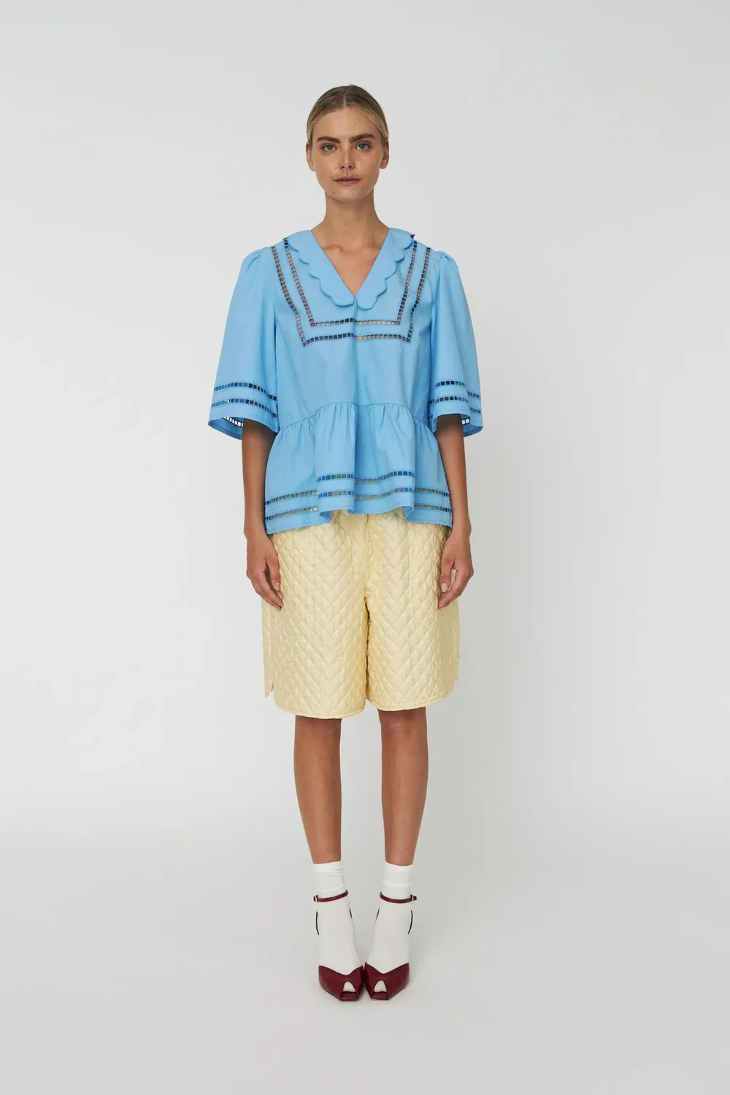 Stella Nova blue coral cotton top with scalloped collar and cutwork detail