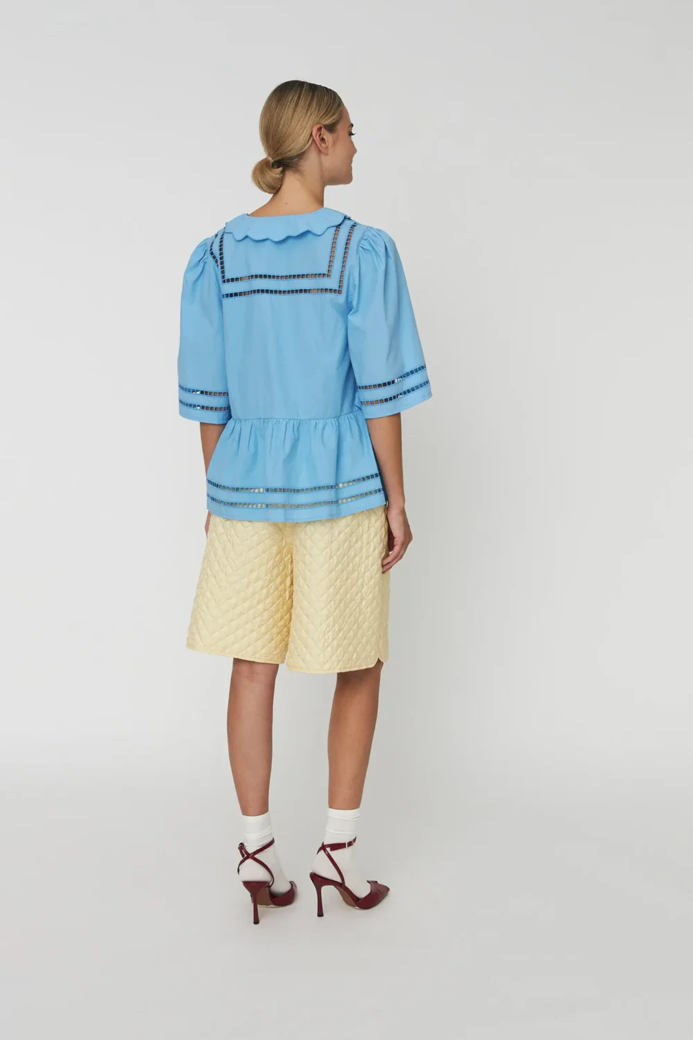 Stella Nova blue coral cotton top with scalloped collar and cutwork detail