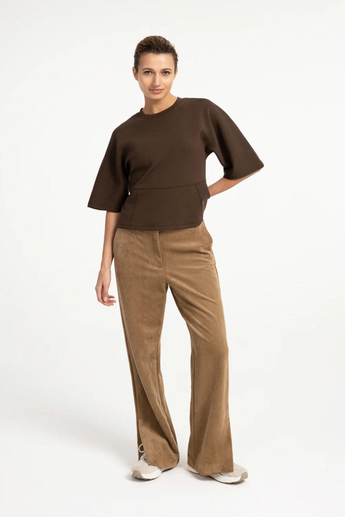 YAYA Suedine Wide Leg Trousers - Otter Brown 01-309283-609