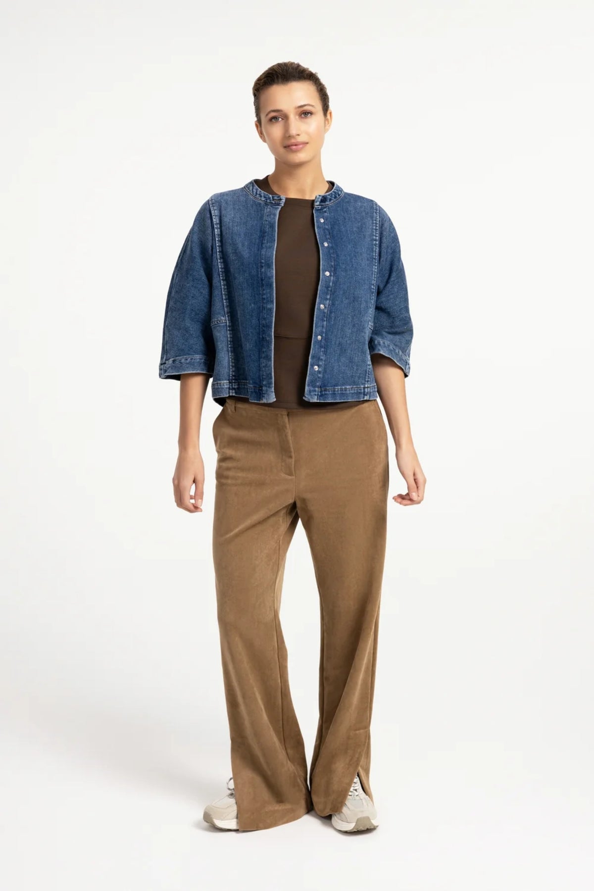 YAYA Suedine Wide Leg Trousers - Otter Brown 01-309283-609
