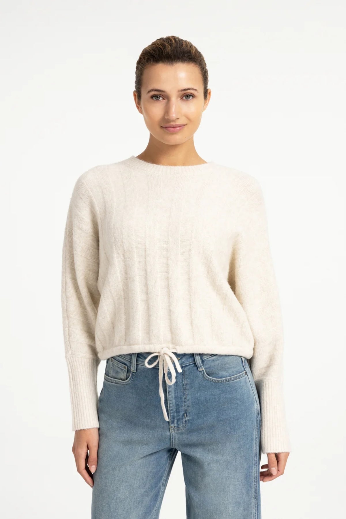 YAYA Rib Batwing Jumper with Cord - Off White Melange 01-000631-609