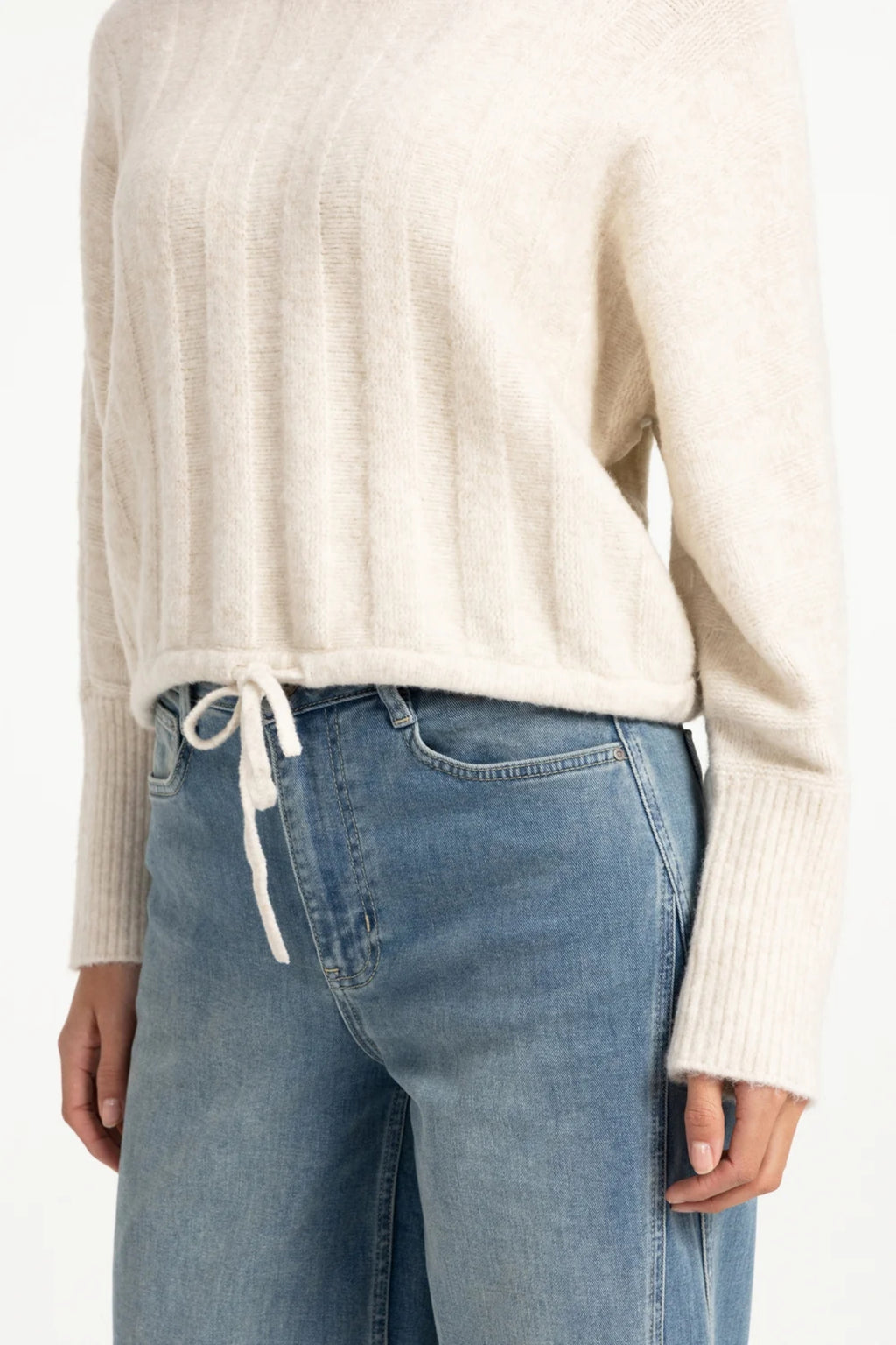YAYA Rib Batwing Jumper with Cord - Off White Melange 01-000631-609
