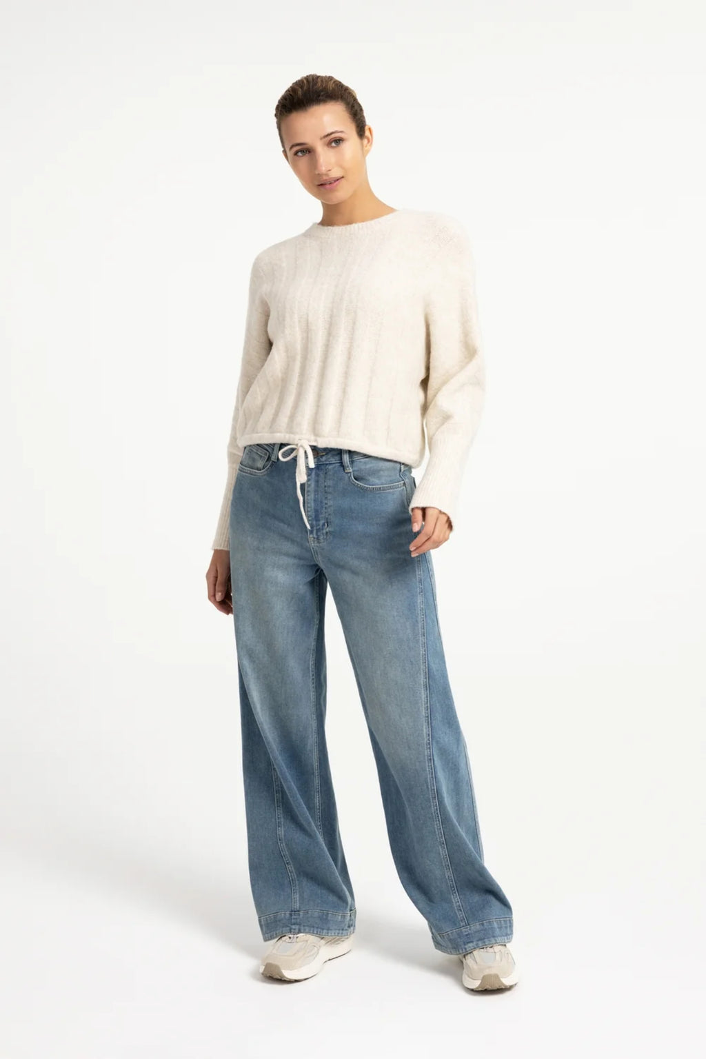 YAYA Rib Batwing Jumper with Cord - Off White Melange 01-000631-609