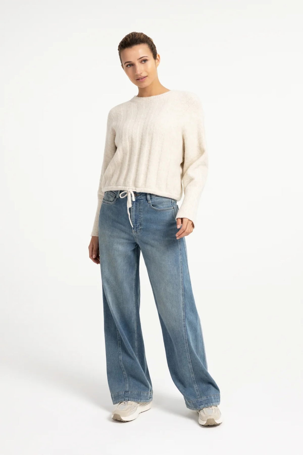 YAYA Rib Batwing Jumper with Cord - Off White Melange 01-000631-609