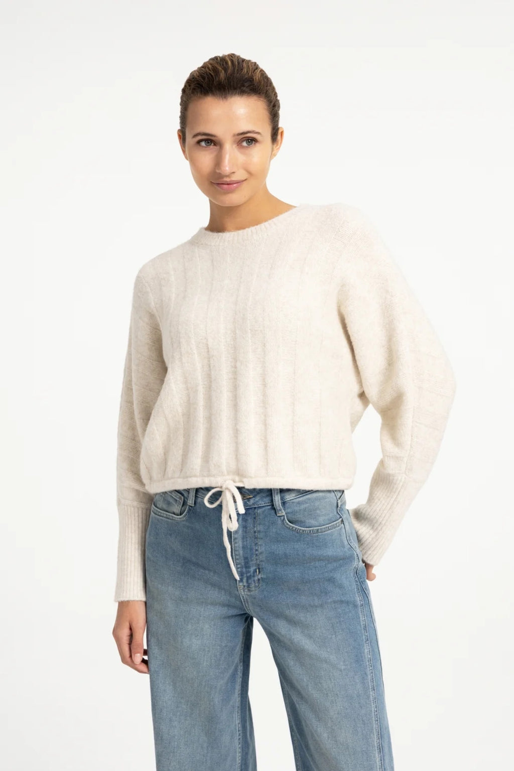 YAYA Rib Batwing Jumper with Cord - Off White Melange 01-000631-609