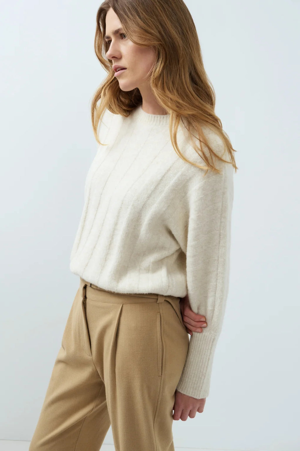 YAYA Rib Batwing Jumper with Cord - Off White Melange 01-000631-609