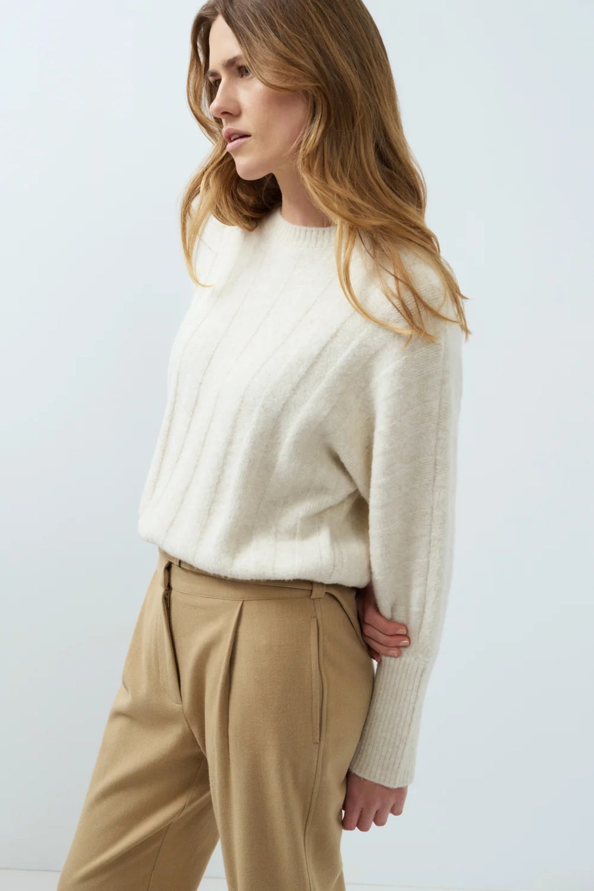 YAYA Rib Batwing Jumper with Cord - Off White Melange 01-000631-609