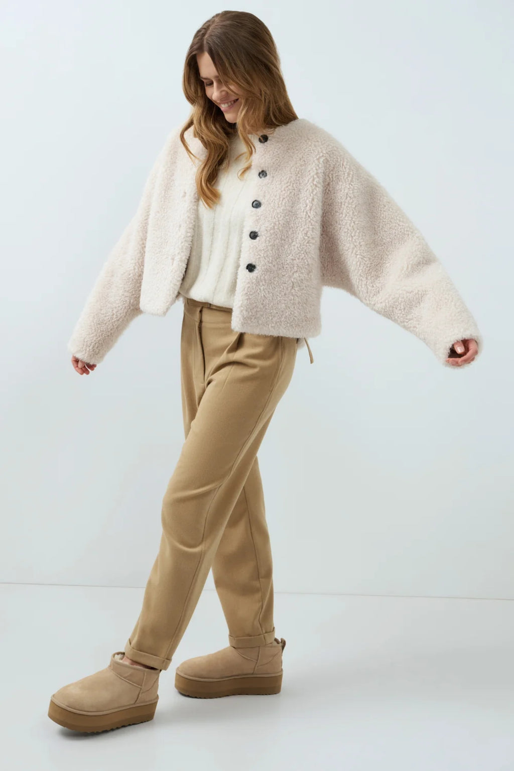 YAYA Rib Batwing Jumper with Cord - Off White Melange 01-000631-609