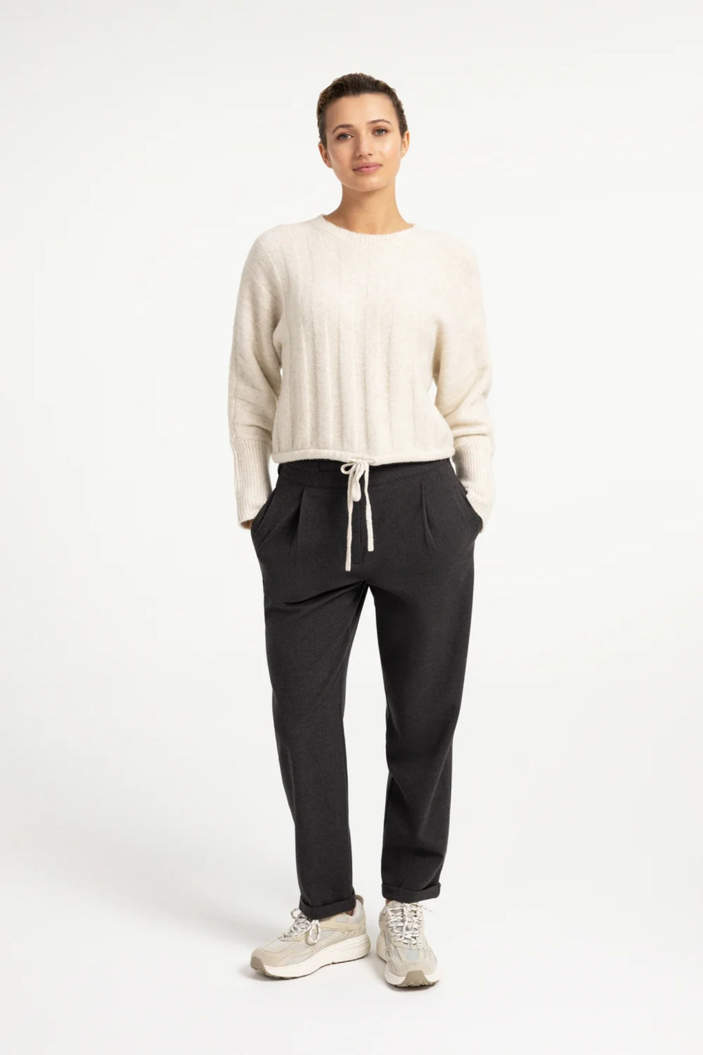 YAYA Rib Batwing Jumper with Cord - Off White Melange 01-000631-609