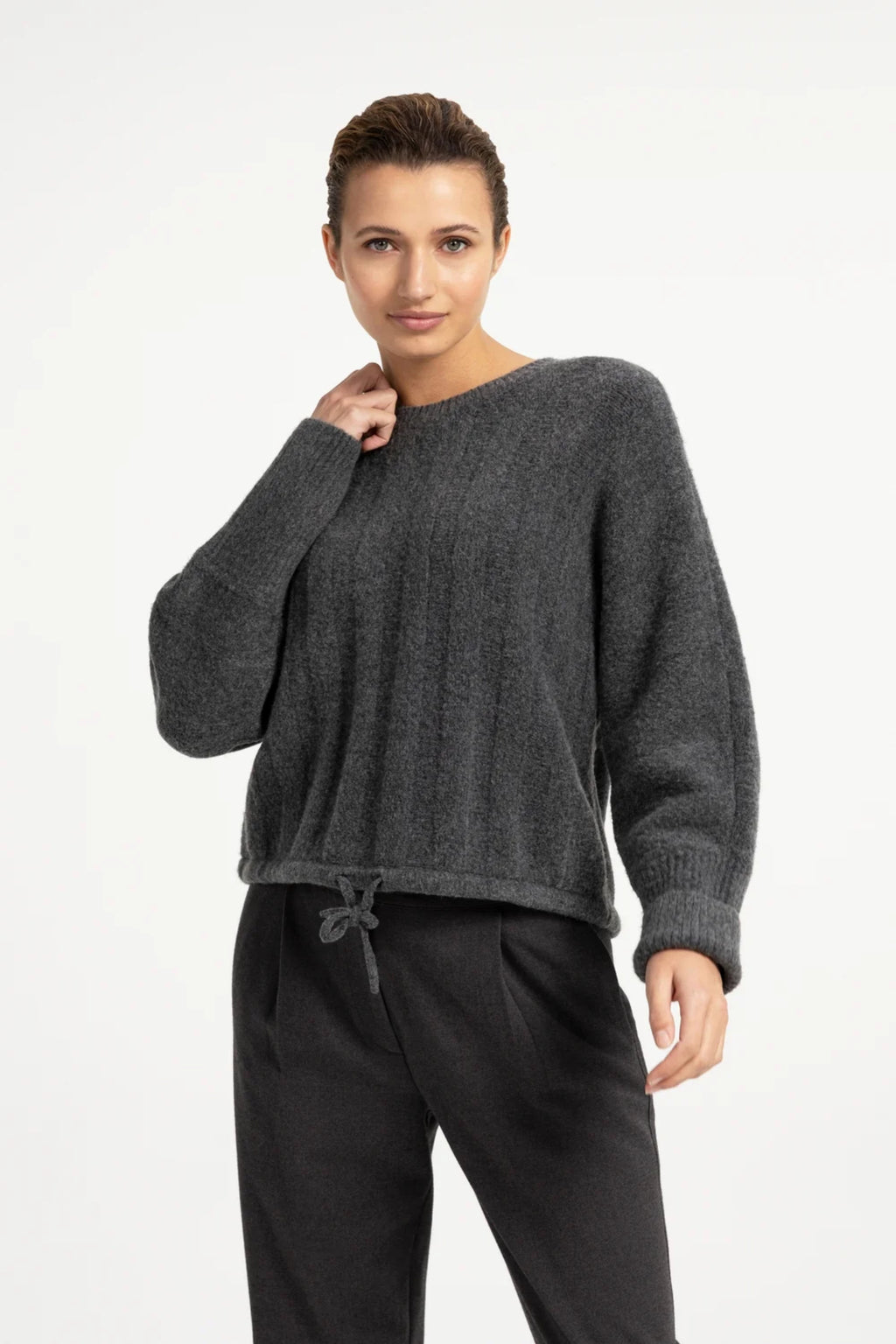 YAYA Rib Batwing Jumper with Cord - Grey Melange 01-000631-609