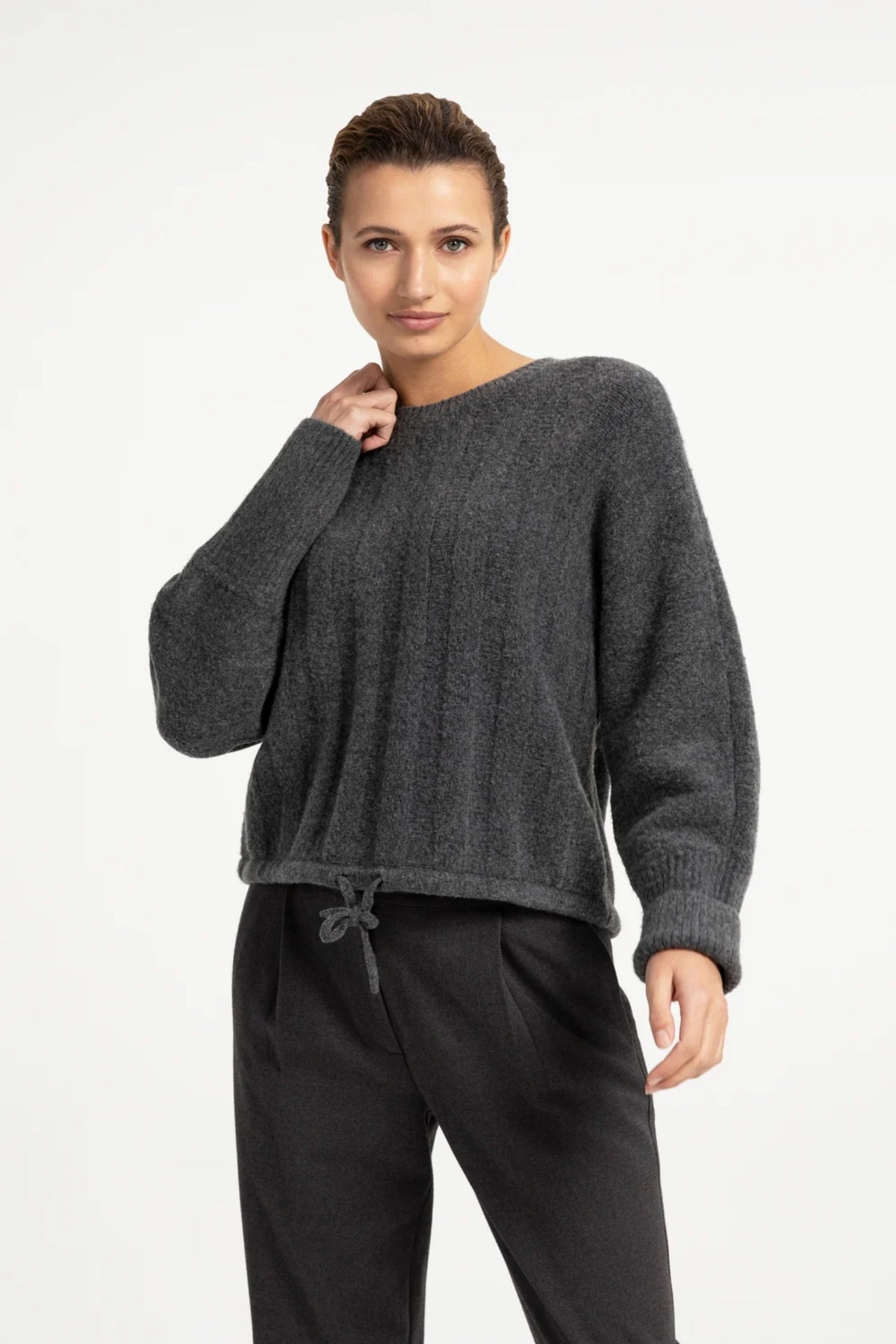 YAYA Rib Batwing Jumper with Cord - Grey Melange 01-000631-609