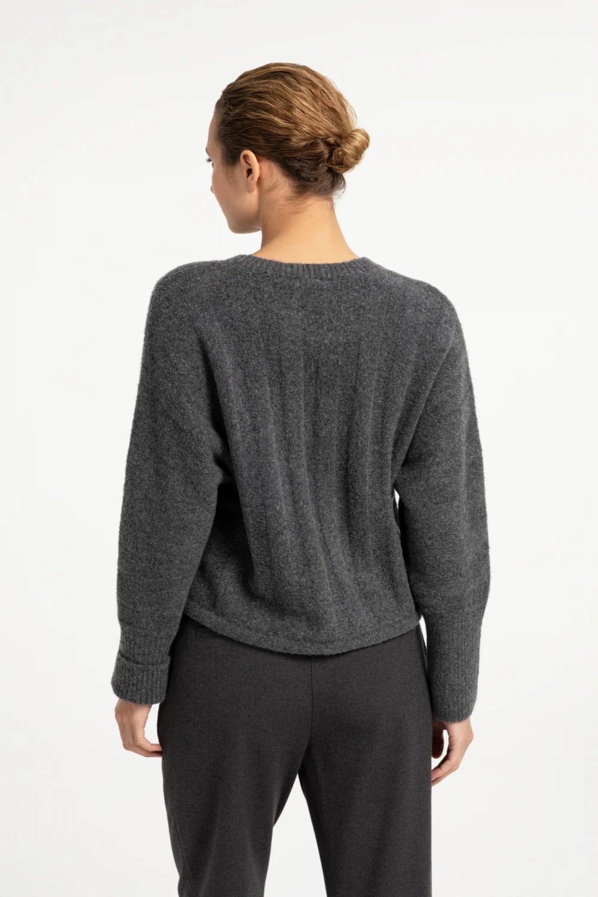YAYA Rib Batwing Jumper with Cord - Grey Melange 01-000631-609