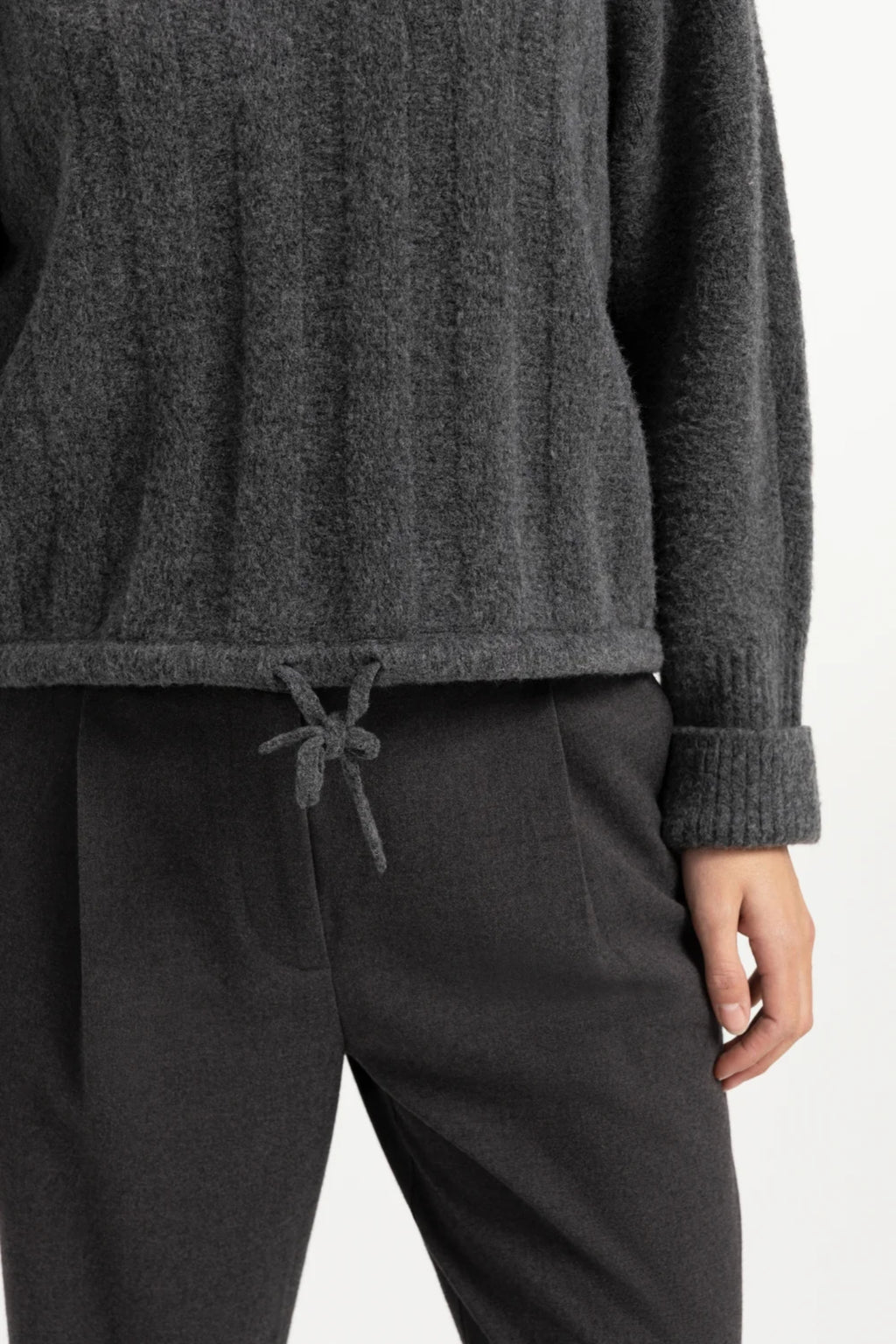 YAYA Rib Batwing Jumper with Cord - Grey Melange 01-000631-609