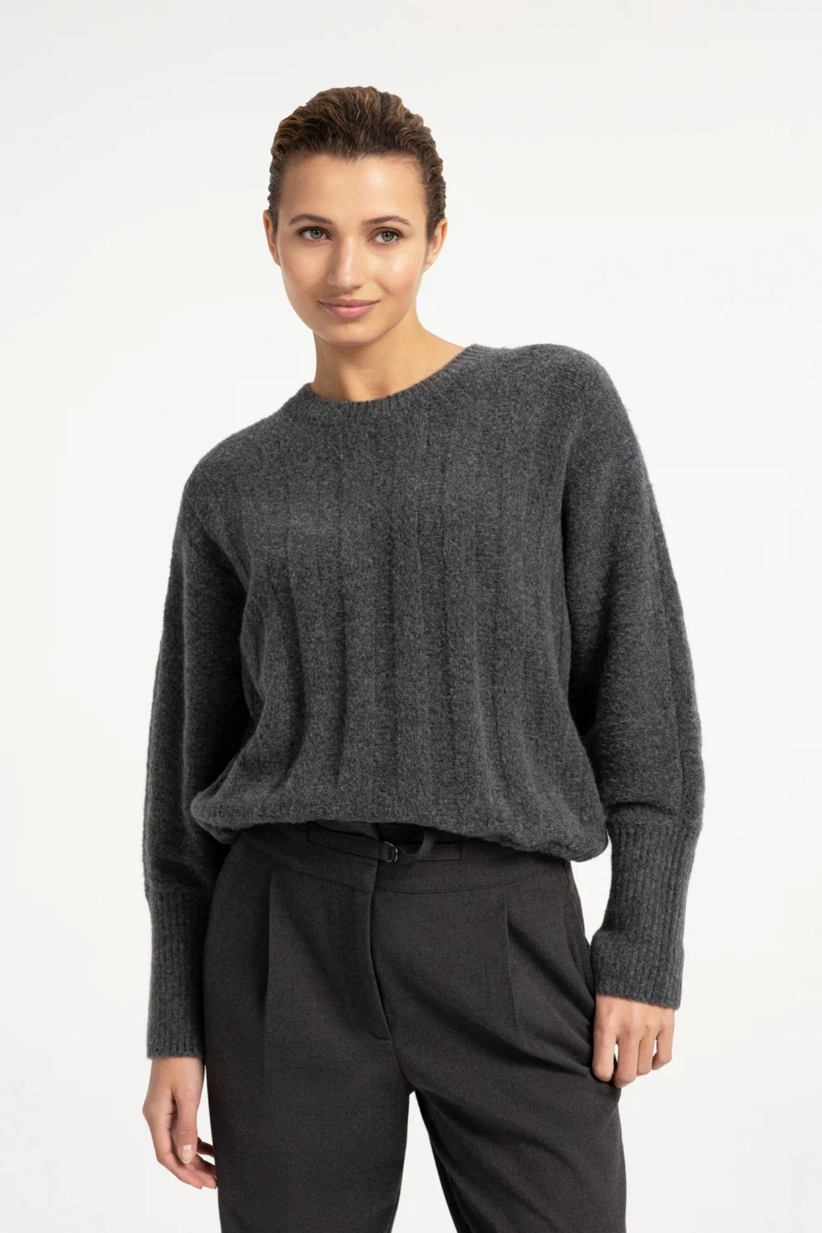 YAYA Rib Batwing Jumper with Cord - Grey Melange 01-000631-609