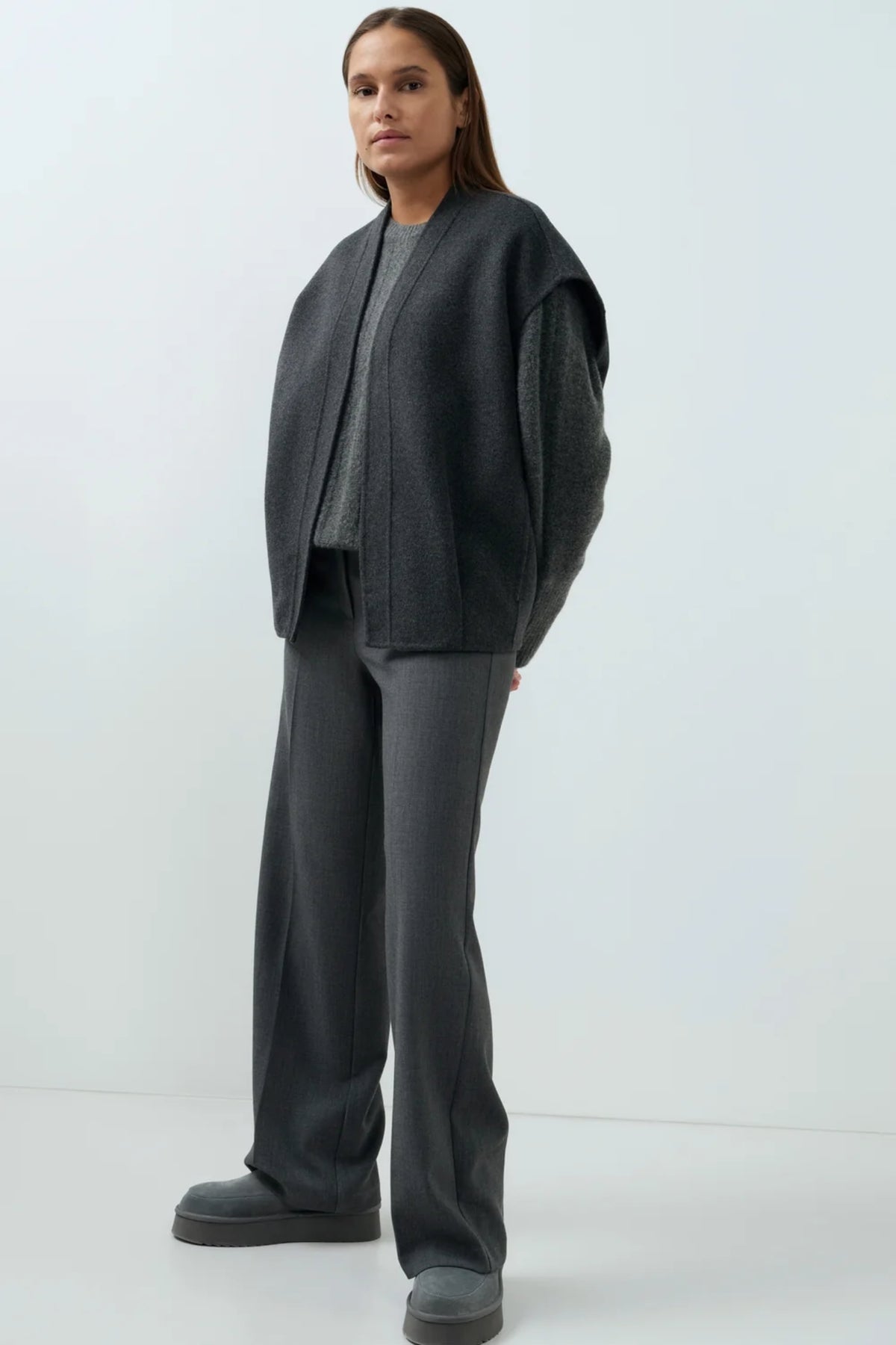 YAYA Rib Batwing Jumper with Cord - Grey Melange 01-000631-609