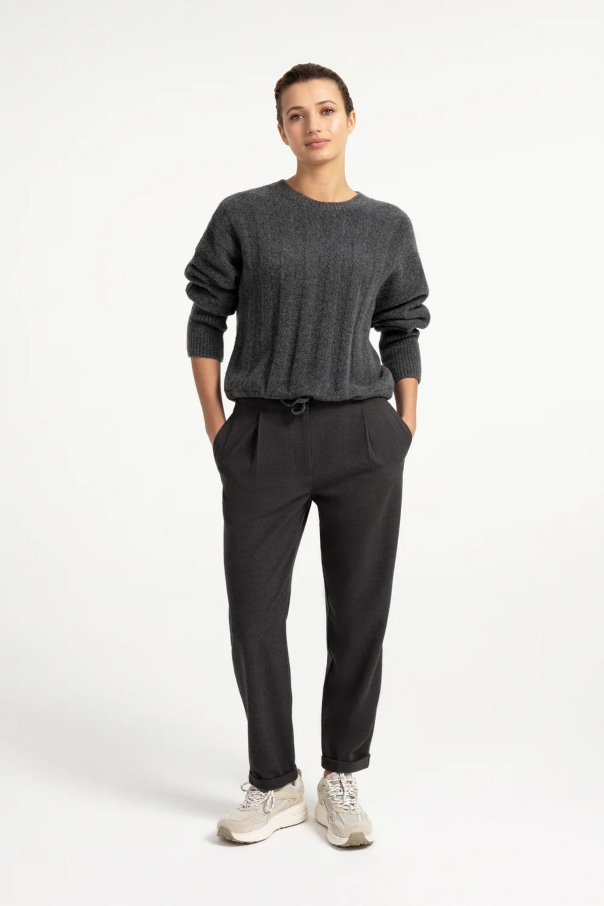 YAYA Rib Batwing Jumper with Cord - Grey Melange 01-000631-609