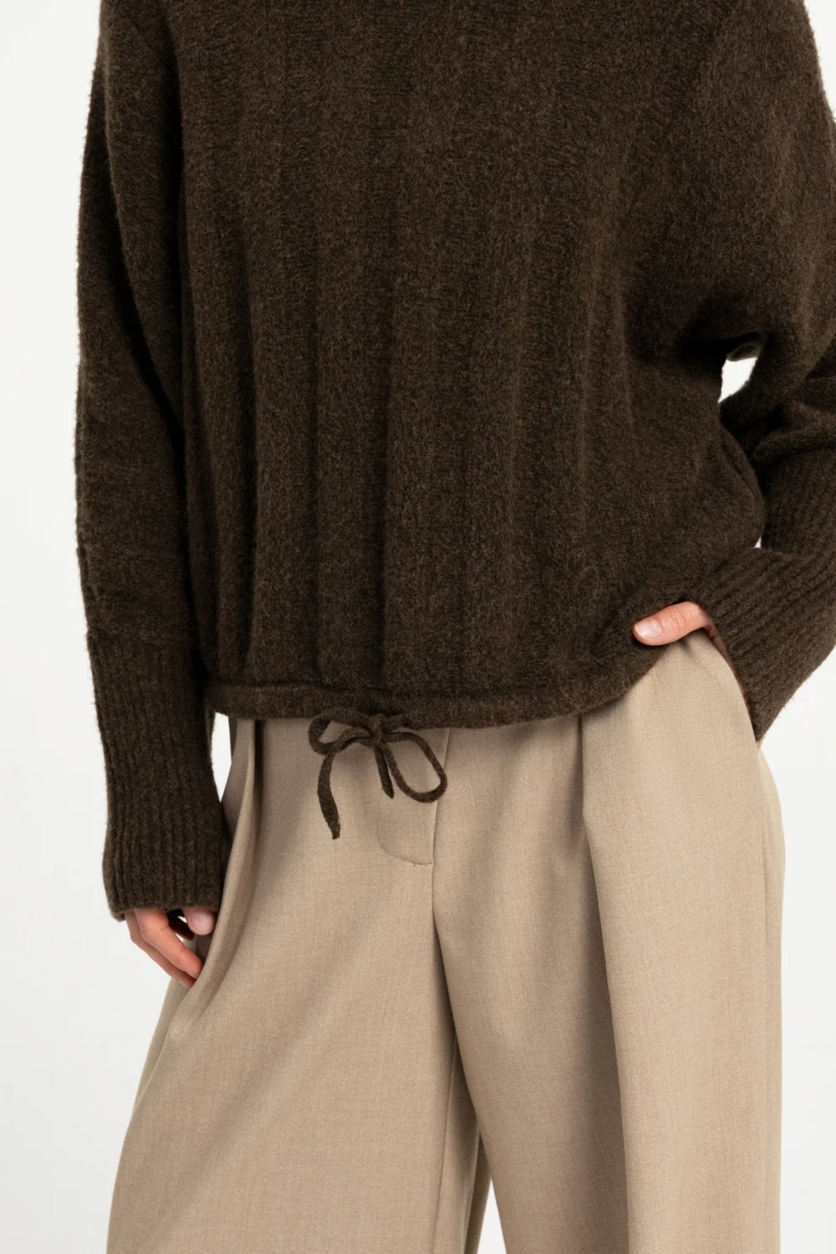 YAYA Rib Batwing Jumper with Cord - Slate Black Brown Melange 01-000631-609 on model Shop YAYA at Dotique