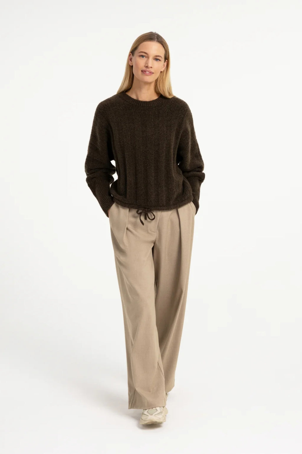 YAYA Rib Batwing Jumper with Cord - Slate Black Brown Melange 01-000631-609 on model Shop YAYA at Dotique