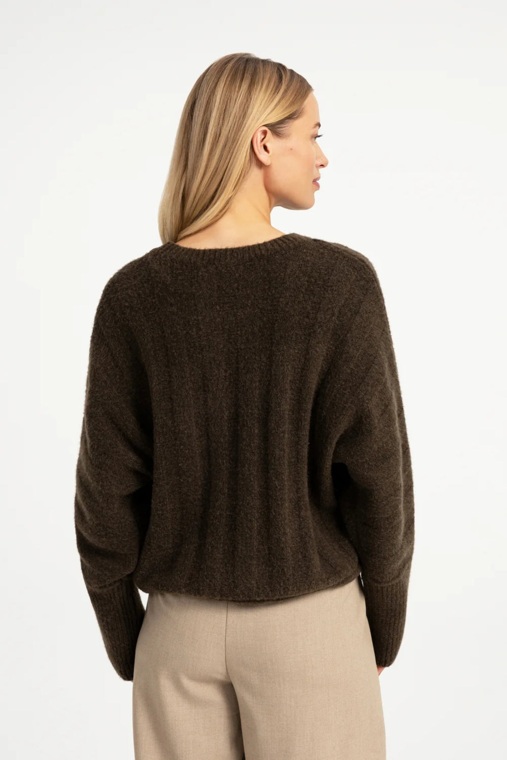 YAYA Rib Batwing Jumper with Cord - Slate Black Brown Melange 01-000631-609 on model Shop YAYA at Dotique