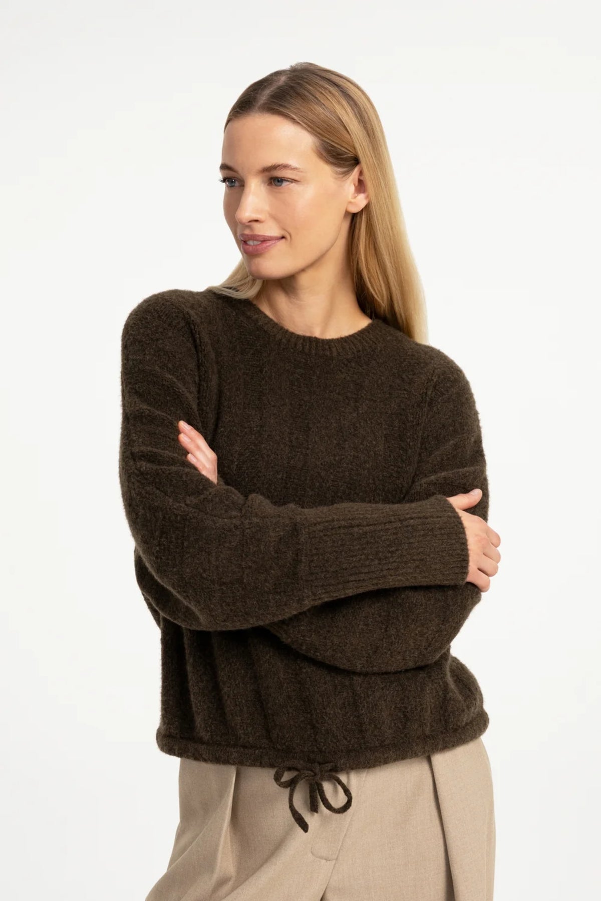 YAYA Rib Batwing Jumper with Cord - Slate Black Brown Melange 01-000631-609 on model Shop YAYA at Dotique