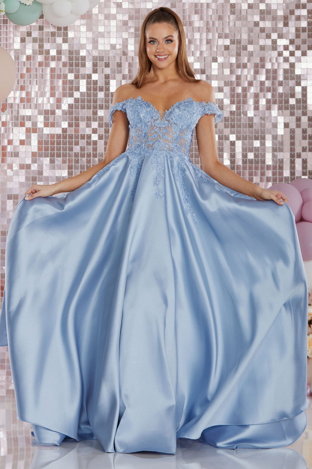 Tiffanys Prom Dove French Blue Off The Shoulder Satin Prom Ballgown - Dotique Chestefield