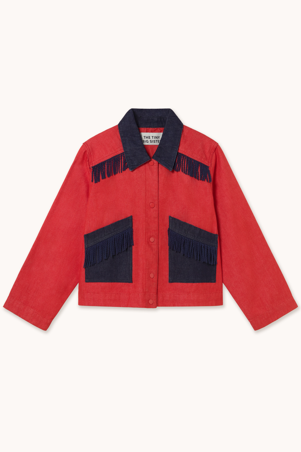 Tiny Big Sister red bicolor denim jacket with fringe pocket detail – Dotique