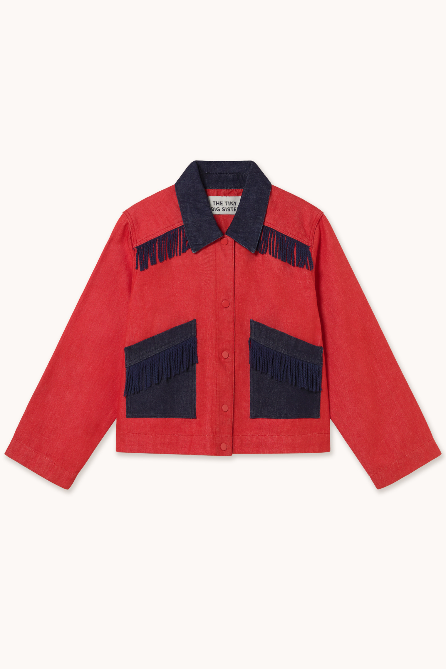 Tiny Big Sister red bicolor denim jacket with fringe pocket detail – Dotique