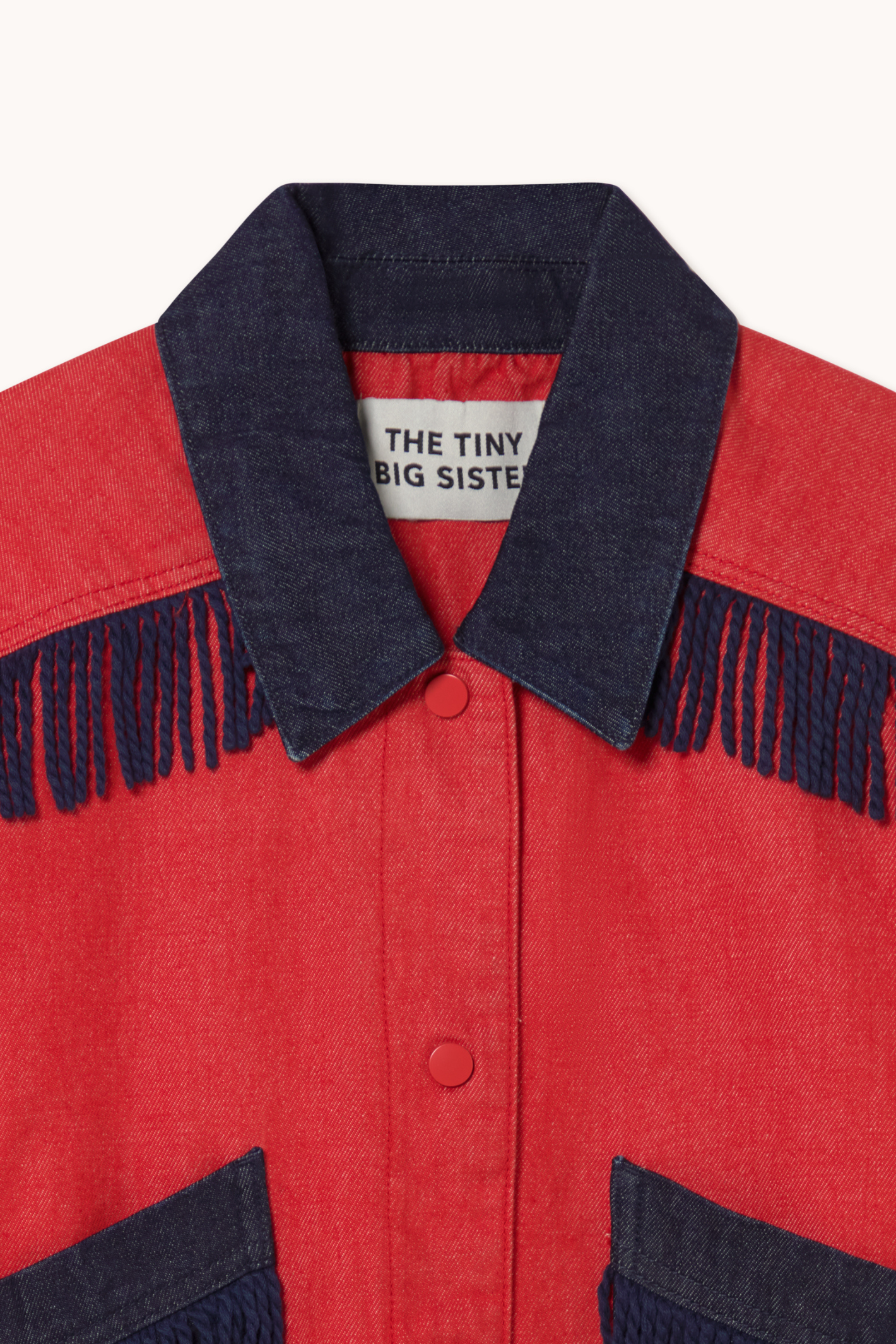 Tiny Big Sister red bicolor denim jacket with fringe pocket detail – Dotique