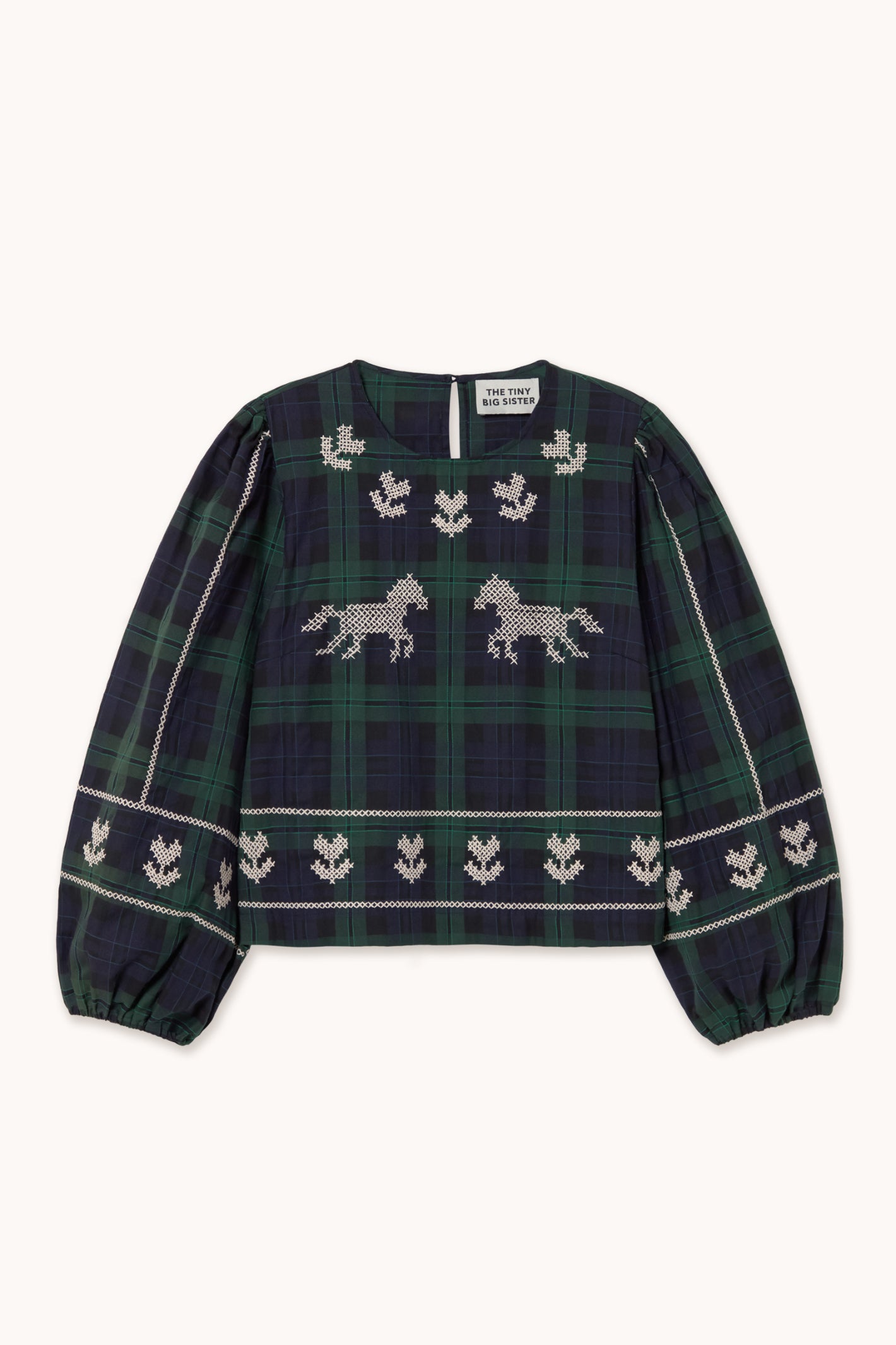 Tiny Big Sister Embroidered Check Puff Sleeves Blouse AW26-754
