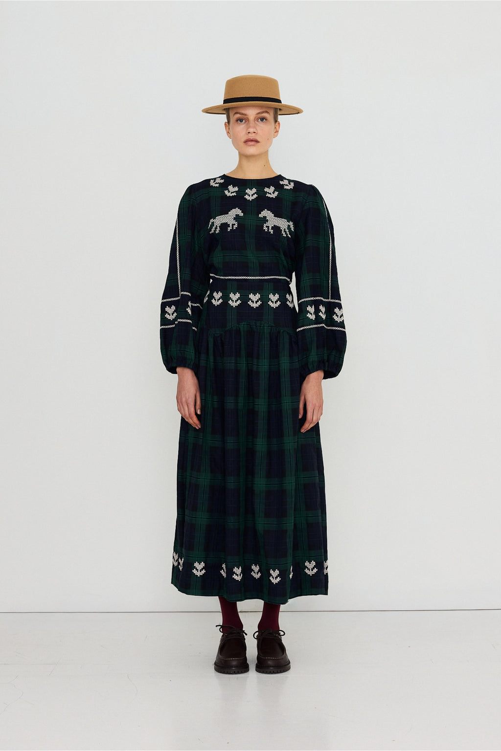 Tiny Big Sister Embroidered Check Puff Sleeves Blouse AW26-754