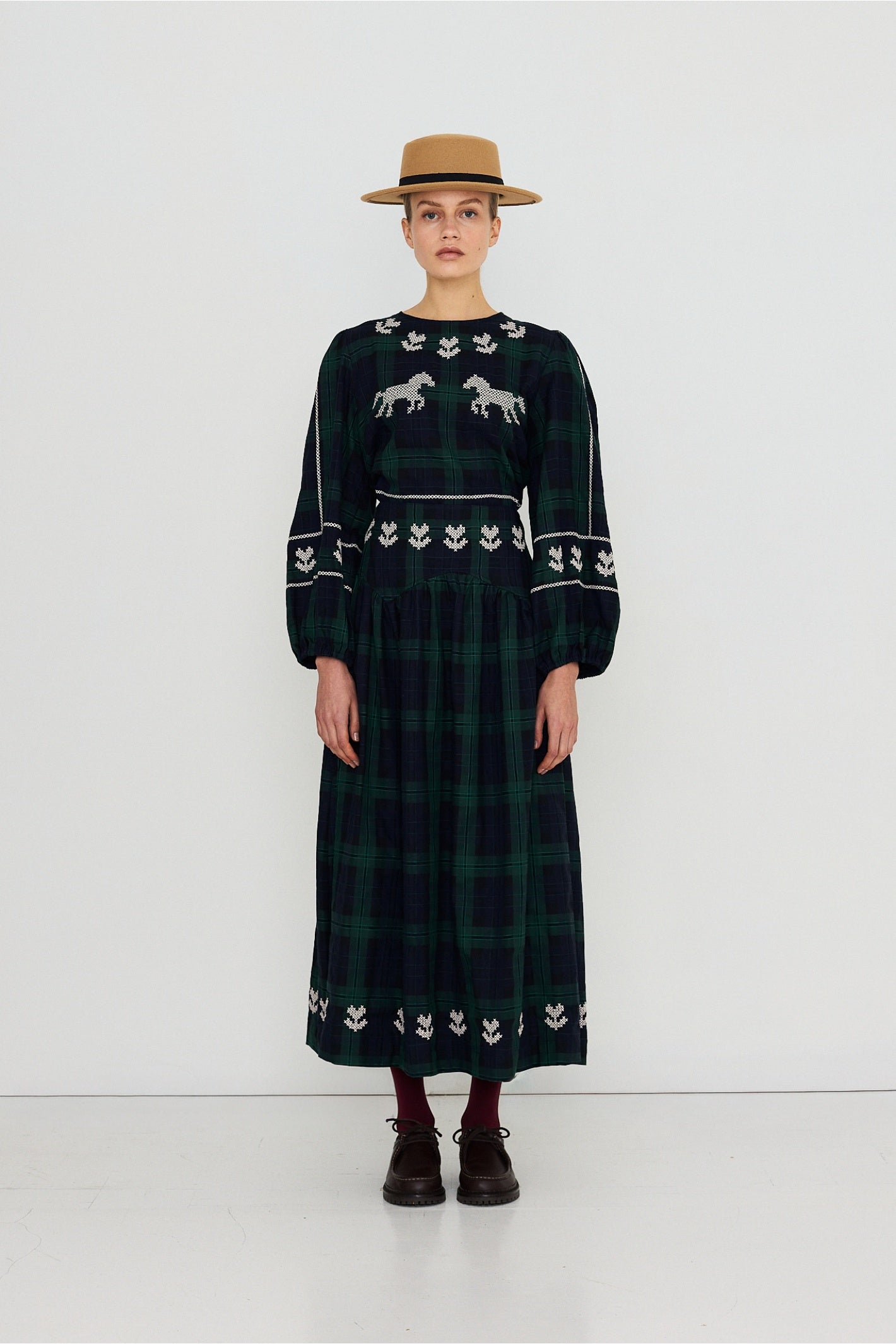 Tiny Big Sister Embroidered Check Puff Sleeves Blouse AW26-754