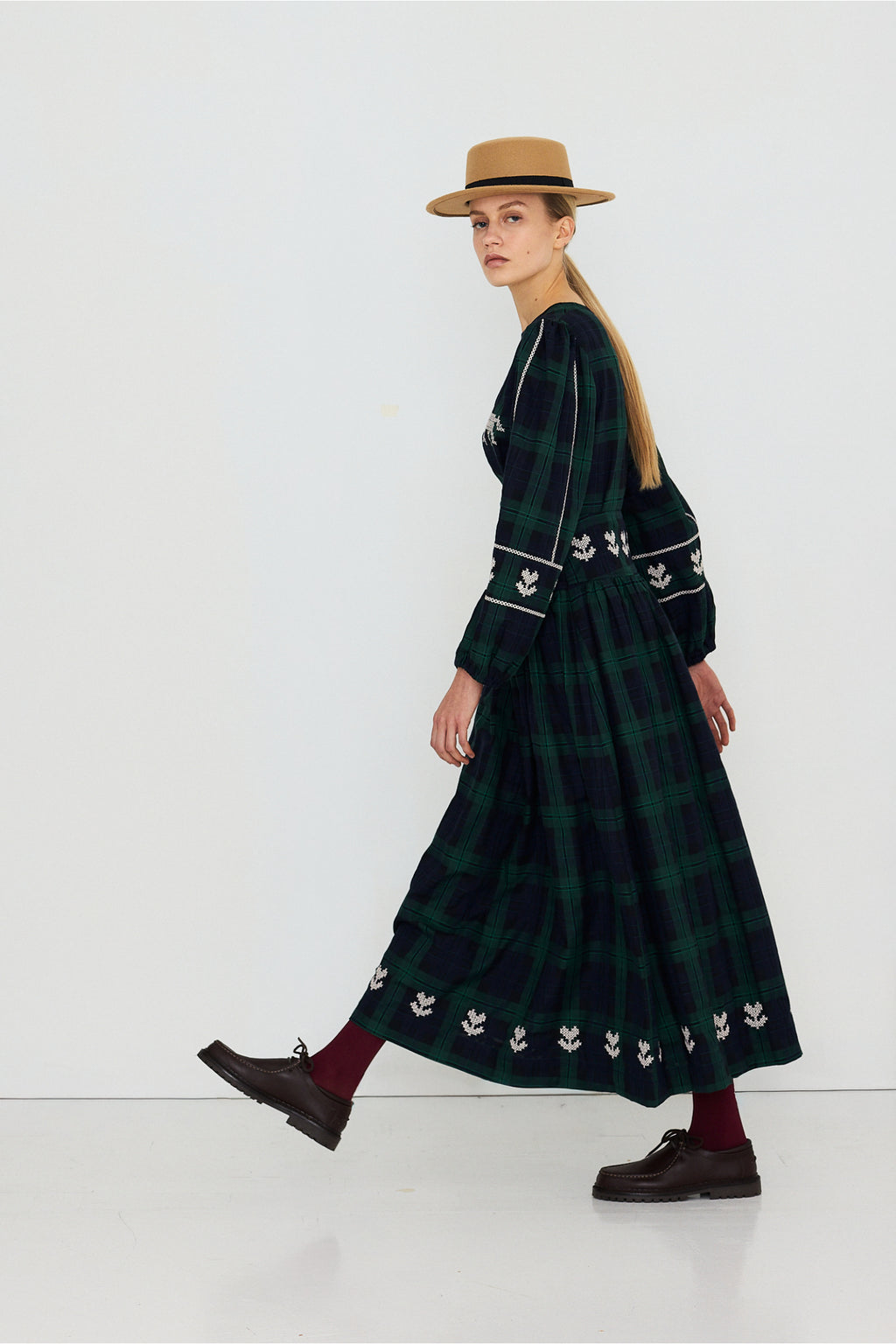Tiny Big Sister Embroidered Check Puff Sleeves Blouse AW26-754