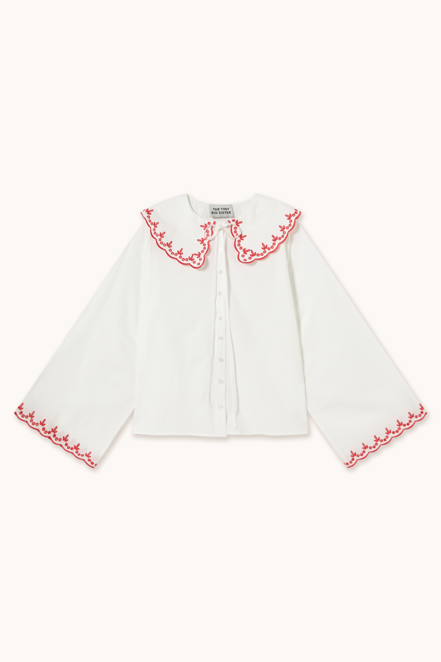 The Tiny Big Sister white embroidered collar shirt with red trim – Dotique