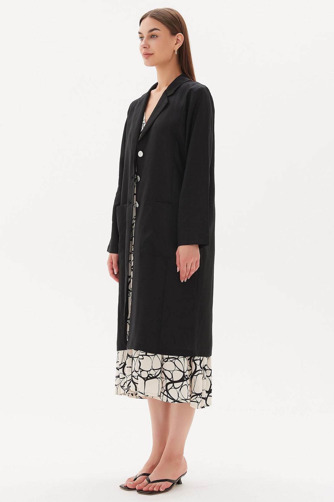 Tirelli 3215 Black Linen Duster Coat - Dotique