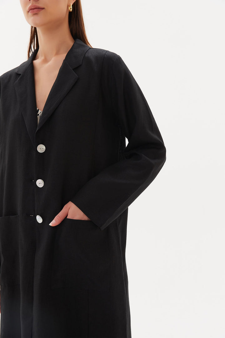 Tirelli 3215 Black Linen Duster Coat - Dotique