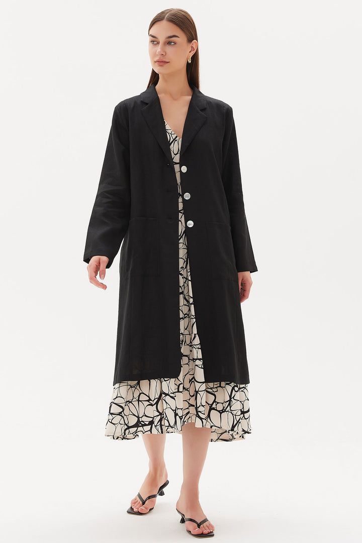 Tirelli 3215 Black Linen Duster Coat - Dotique