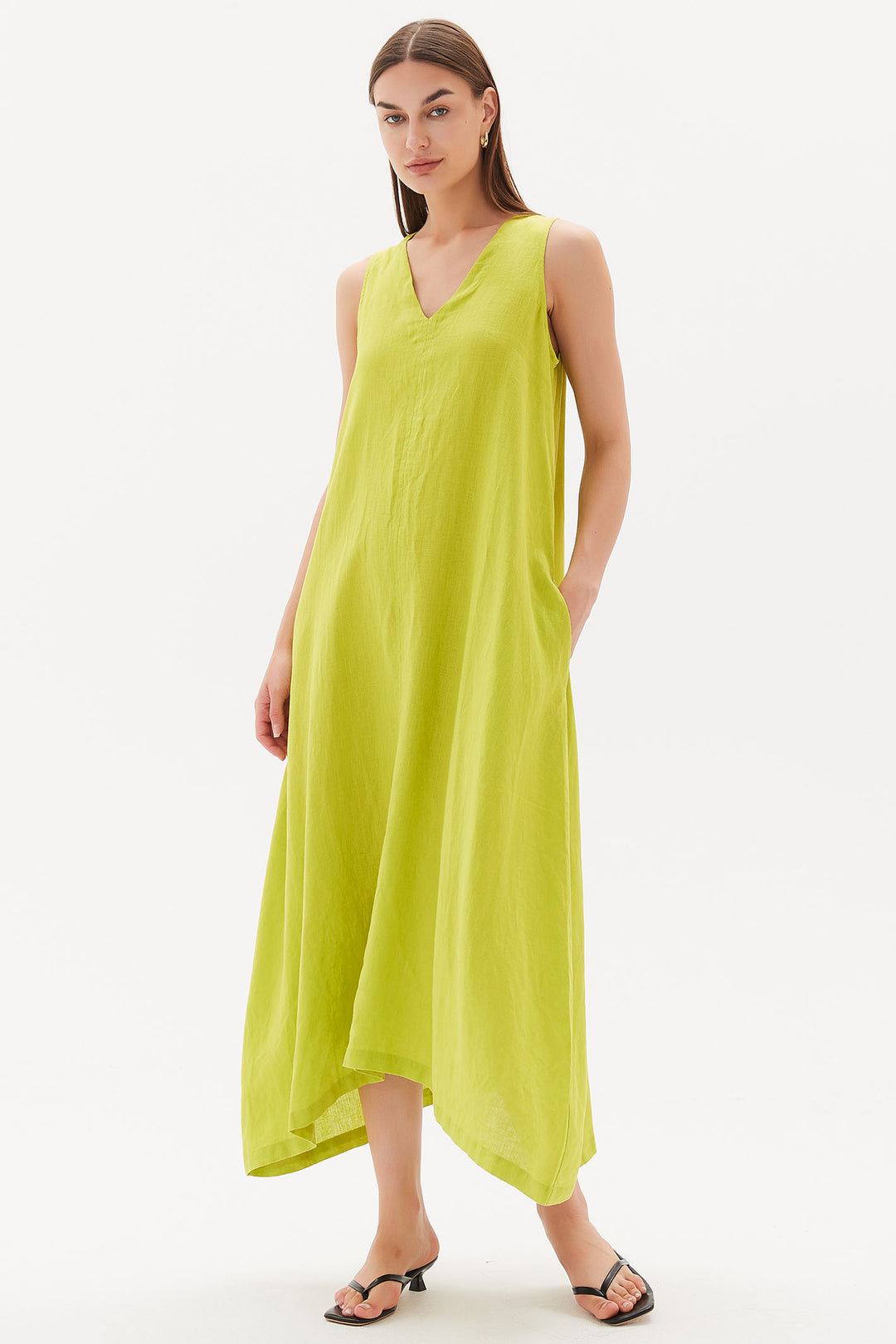 Tirelli 3224 Easy Sleeveless Midi Dress Linen Citrus Green - Dotique