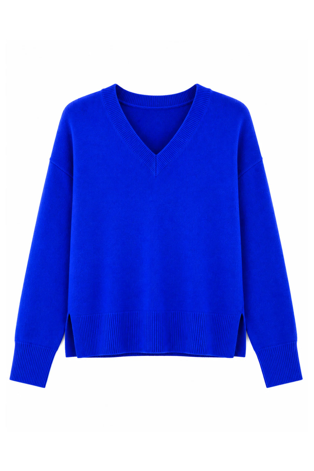 TWNS The Label Boulder electric blue V-neck jumper with side split hem and relaxed fit.