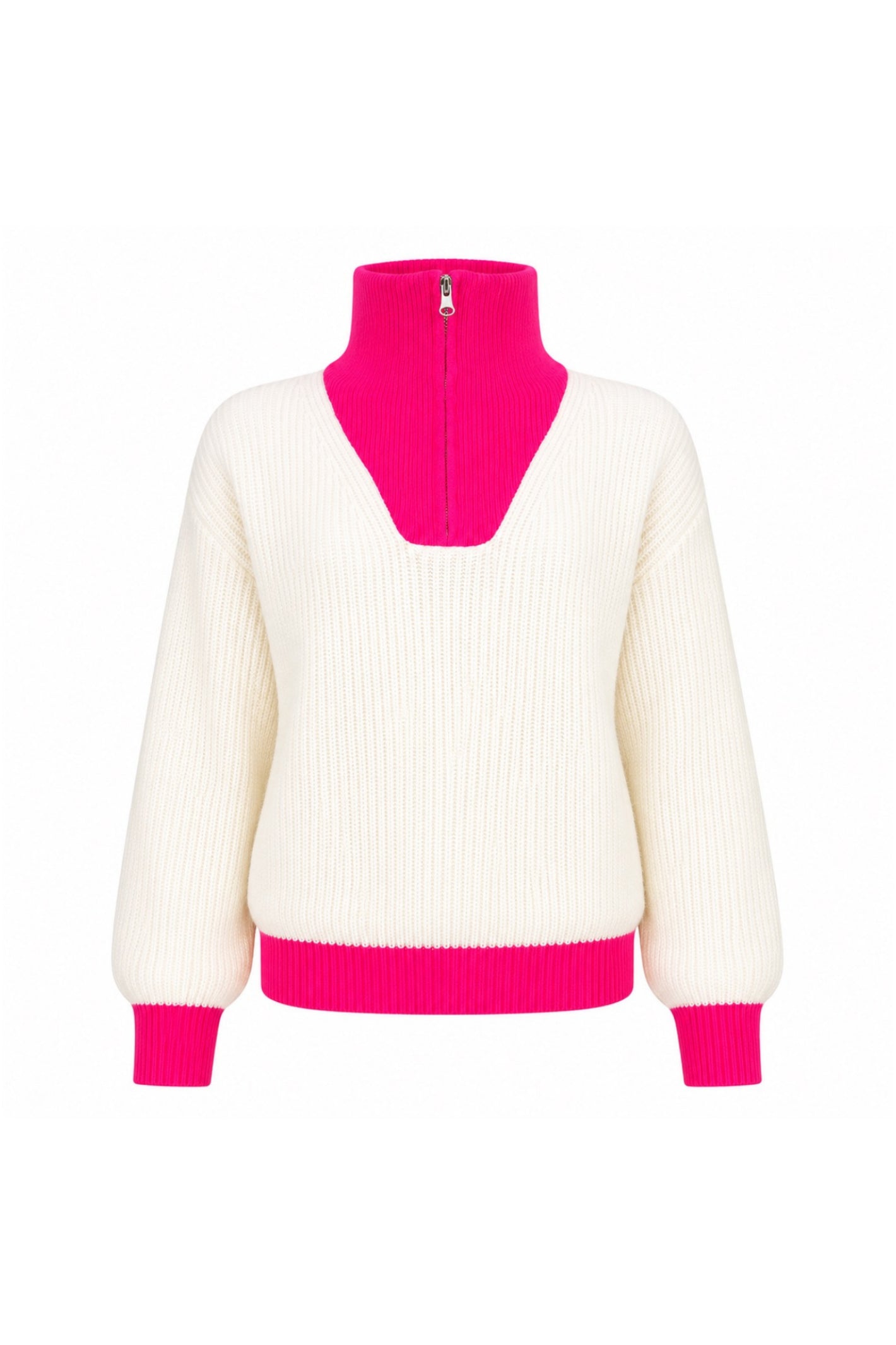 TWNS The Label Breckenridge II off white and neon pink trucker neck jumper with silver zip fastening. Shop now at Dotique.