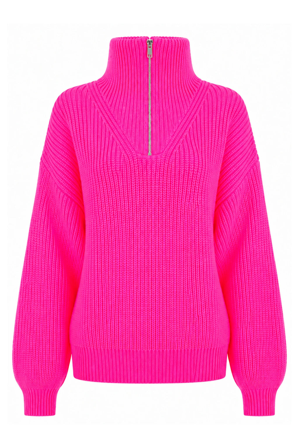 TWNS The Label Breckenridge neon pink trucker neck jumper with zip neckline and relaxed fit. Shop TWNS The Label at Dotique.