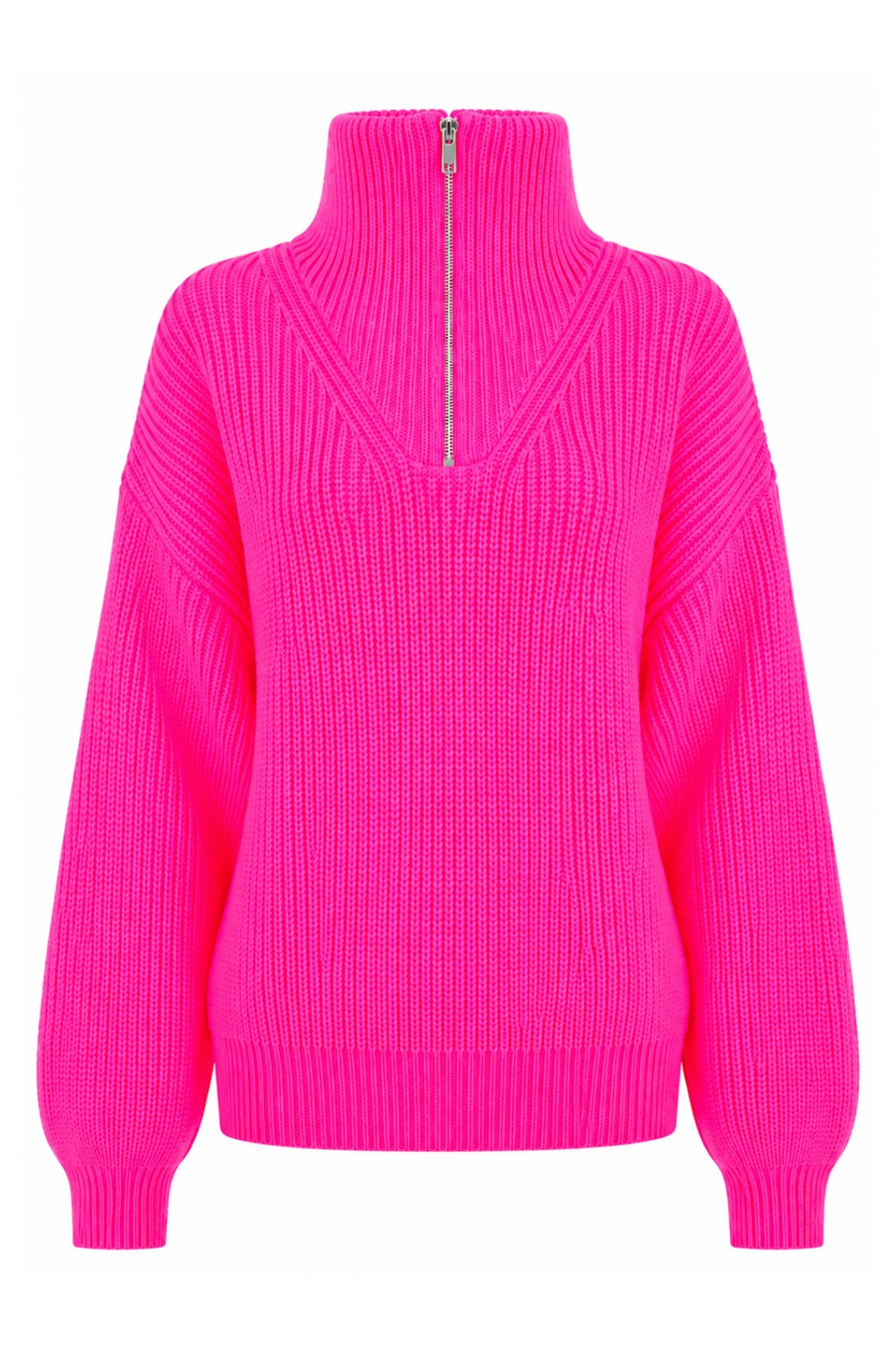 TWNS The Label Breckenridge neon pink trucker neck jumper with zip neckline and relaxed fit. Shop TWNS The Label at Dotique.