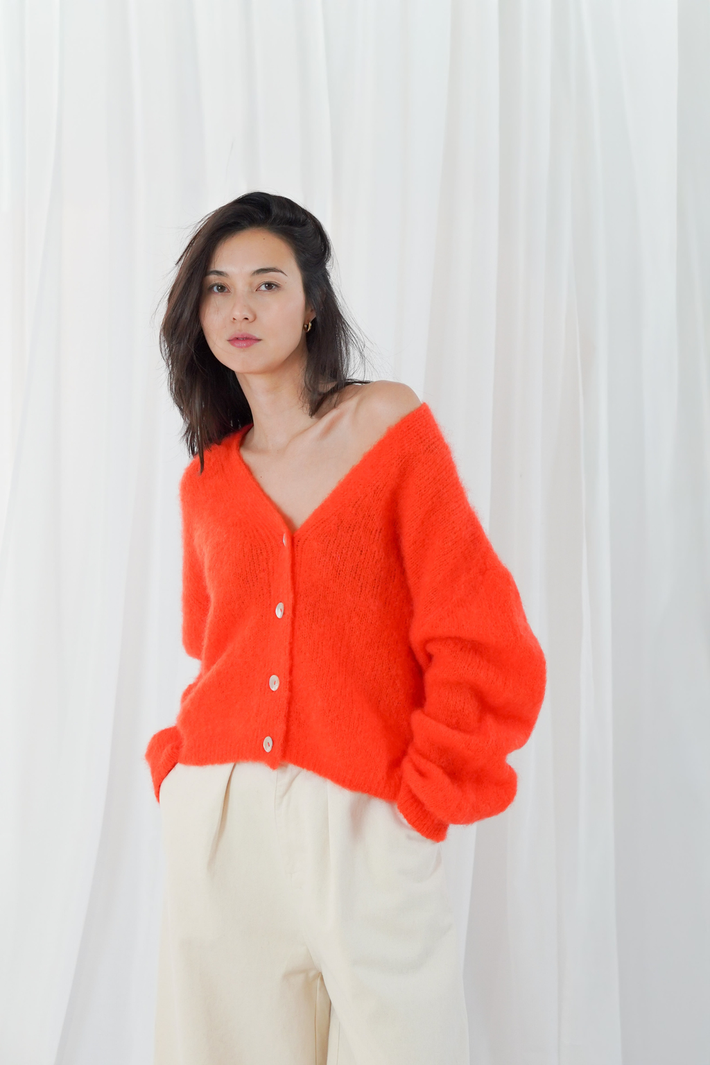 TWNS the label Malia Buttoned V-Neck Long Sleeve Cardigan Fire