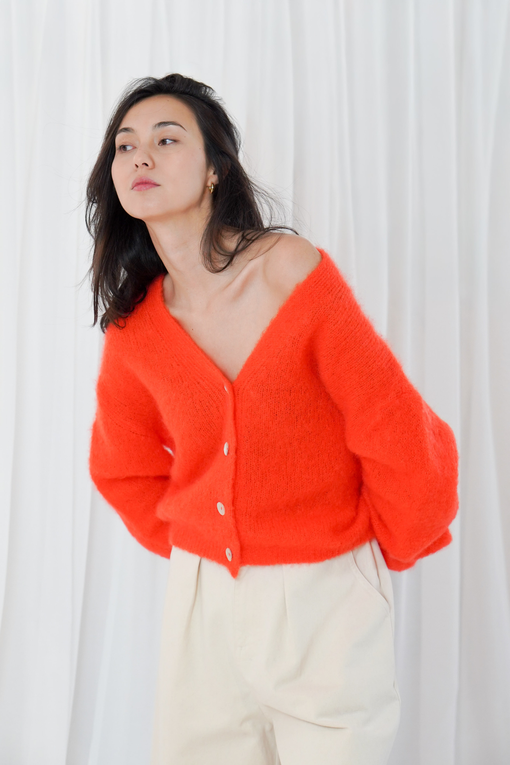 TWNS the label Malia Buttoned V-Neck Long Sleeve Cardigan Fire