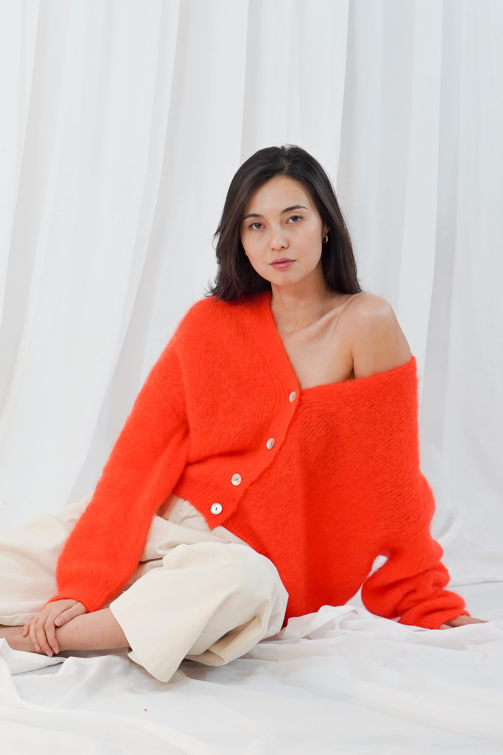 TWNS the label Malia Buttoned V-Neck Long Sleeve Cardigan Fire