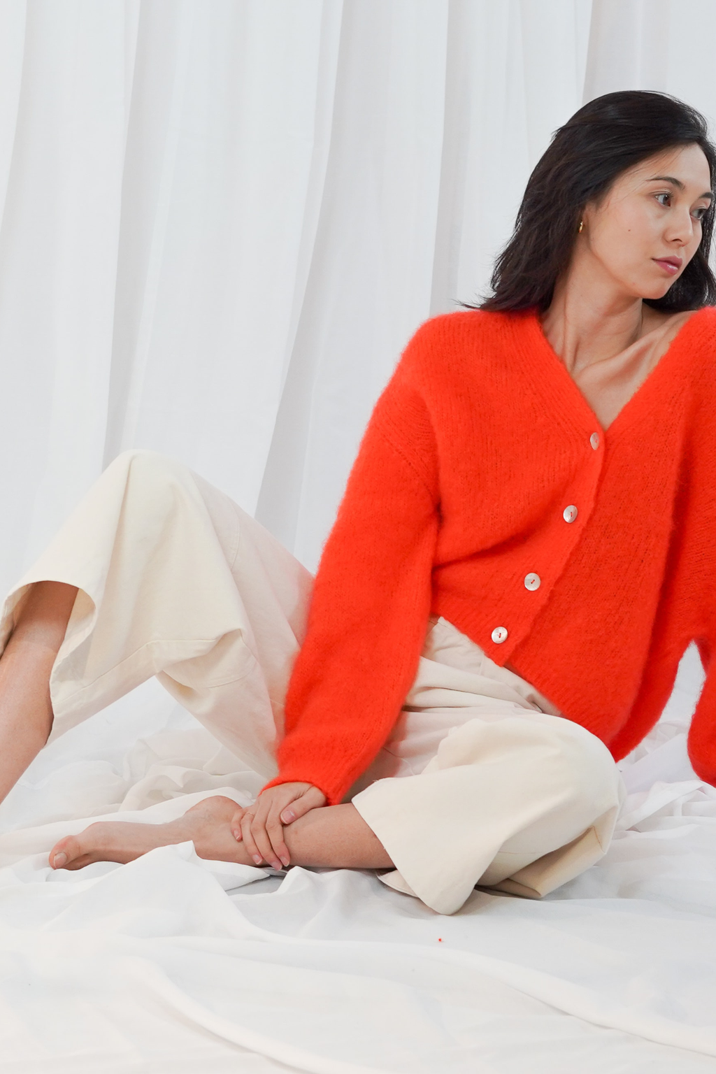 TWNS the label Malia Buttoned V-Neck Long Sleeve Cardigan Fire